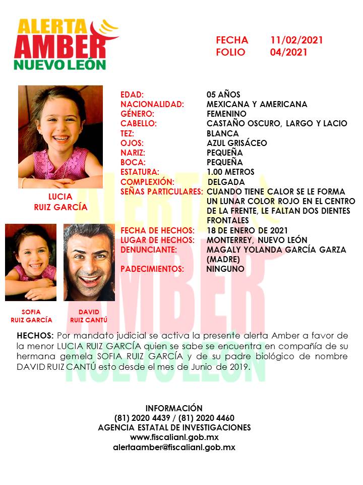 FiscaliaNL's tweet photo. Se activa Alerta Amber por la menor Lucía Ruiz García, de 5 años de edad. Requerimos de su apoyo para encontrarla. Por favor, ¡comparte! 
#AlertaAmber https://t.co/8X65dzBEdE