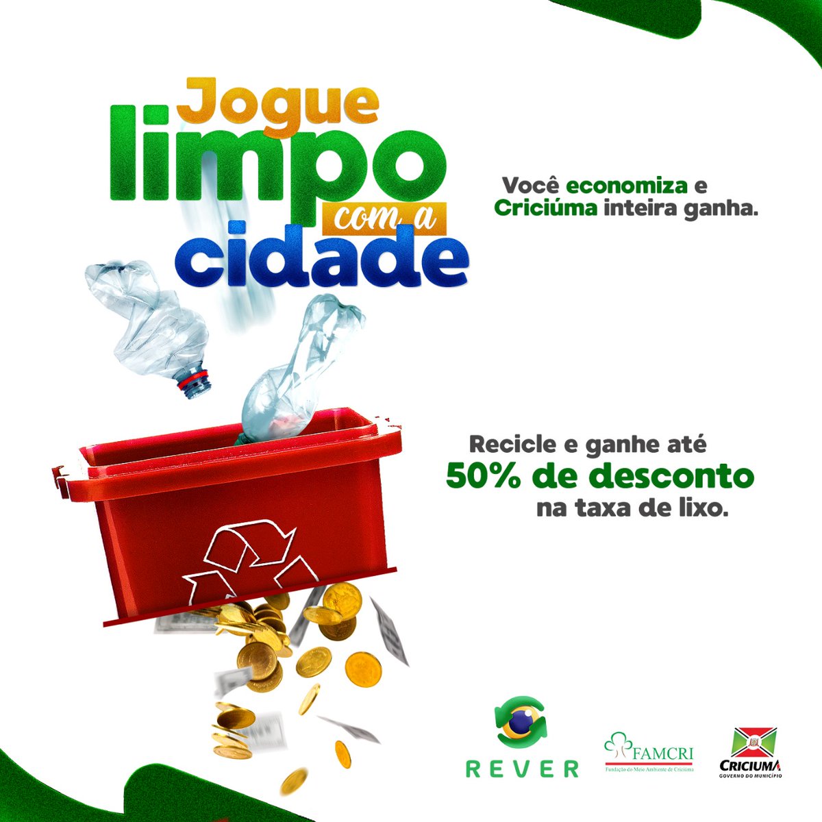 Prefeitura de Criciúma on X: Jogue limpo com a cidade! 🗑️♻️ O projeto  visa incentivar o cuidado com o meio ambiente e o criciumense pode ter  desconto de até 50% na taxa