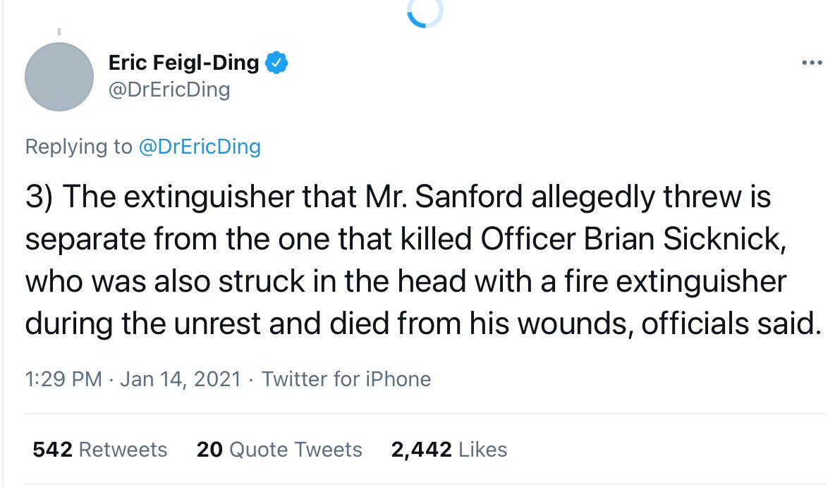 Just an absolute falsehood about how Officer Brian Sicknick died, spread over and over by the people with the largest media platforms, to millions and millions of people who will probably never learn that they were deceived yet again.