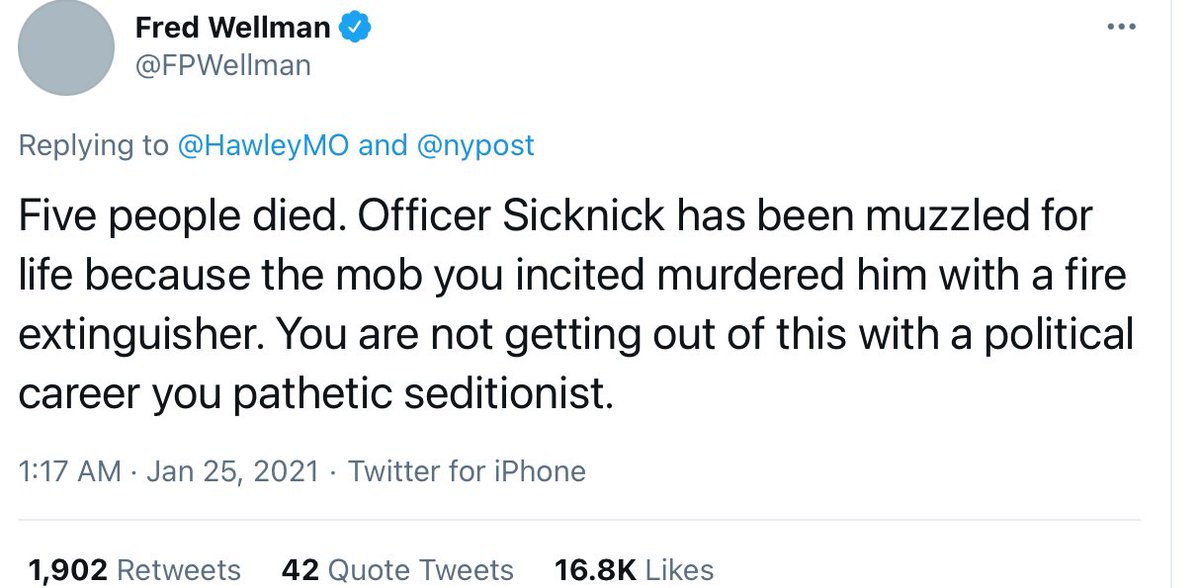 Just an absolute falsehood about how Officer Brian Sicknick died, spread over and over by the people with the largest media platforms, to millions and millions of people who will probably never learn that they were deceived yet again.