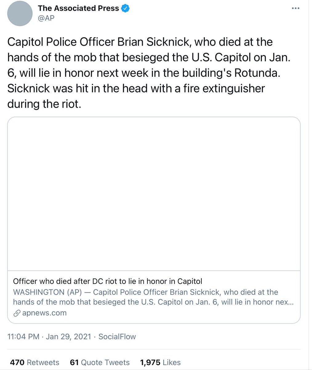 Just an absolute falsehood about how Officer Brian Sicknick died, spread over and over by the people with the largest media platforms, to millions and millions of people who will probably never learn that they were deceived yet again.