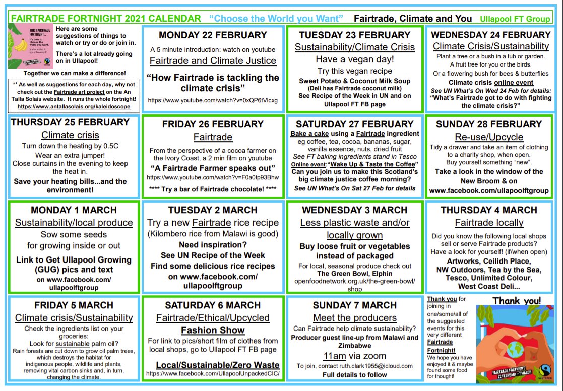Ullapool Fairtade (@ullapoolftgroup) on Twitter photo This year for #FairtradeFortnight we are encouraging people to #ChooseTheWorldYouWant by following our Fairtrade Calendar.
On Sunday 7th March we are hosting a "Meet the Producers" Zoom event with producers from Malawi and Zimbabwe. To join contact ruth.clark1955@icloud.com This year for #FairtradeFortnight we are encouraging people to #ChooseTheWorldYouWant by following our Fairtrade Calendar.
On Sunday 7th March we are hosting a "Meet the Producers" Zoom event with producers from Malawi and Zimbabwe. To join contact ruth.clark1955@icloud.com