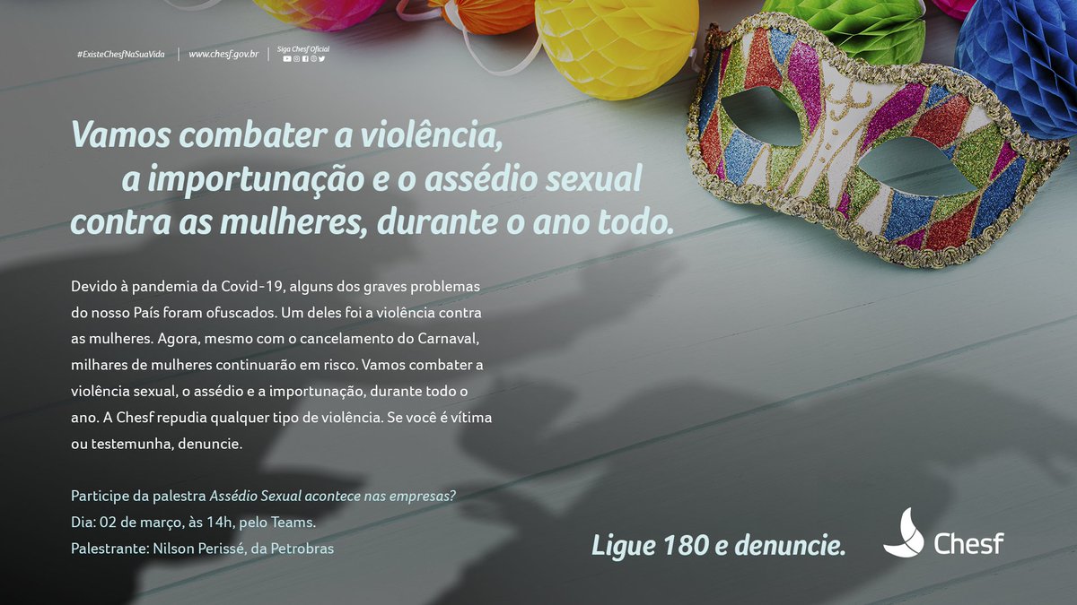 Vamos combater a violência sexual, o assédio e a importunação, durante todo o ano. A Chesf repudia qualquer tipo de violência. Se você é vítima ou testemunha, denuncie. https://t.co/u3zvE69XQH