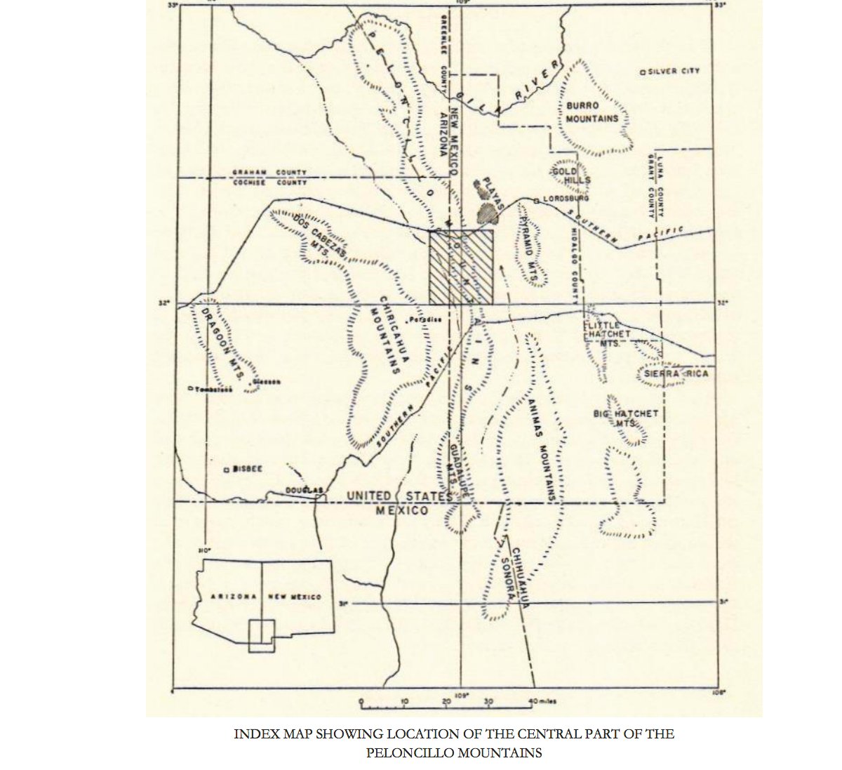 The Peloncillos are one of the most important migration corridors in SE AZ/SW NM, a long thin range stretching from Sierra Madres in Mexico to southern reaches of Rockies/Co. Plateau. (See highlighted spine of mtns in blue)