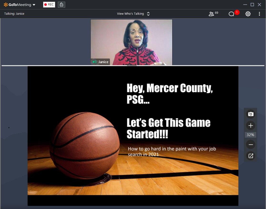 davidschuchman's tweet photo. Relevant, energetic &amp; Fun. Thanks to @JaniceMColeman for her terrific February 5 presentation "Let's Get this Game Started: How to Go Hard in the Paint with Your Job Search in 2021" to @PSGMercerCounty. Did you miss it? You can watch it (again) on YouTube: https://t.co/8C8NWqRrzA https://t.co/4Q6RjrHe71