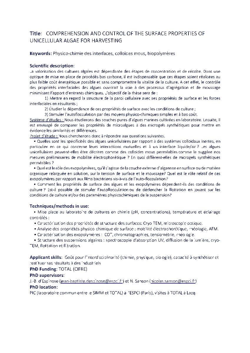 Ed397 Doctoral School Materials Physics Chemistry Open Phd In Comprehension And Control Of The Surface Properties Of Unicellular Algae For Harvesting Simm Lab And Total T Co Acdg4qqqsx