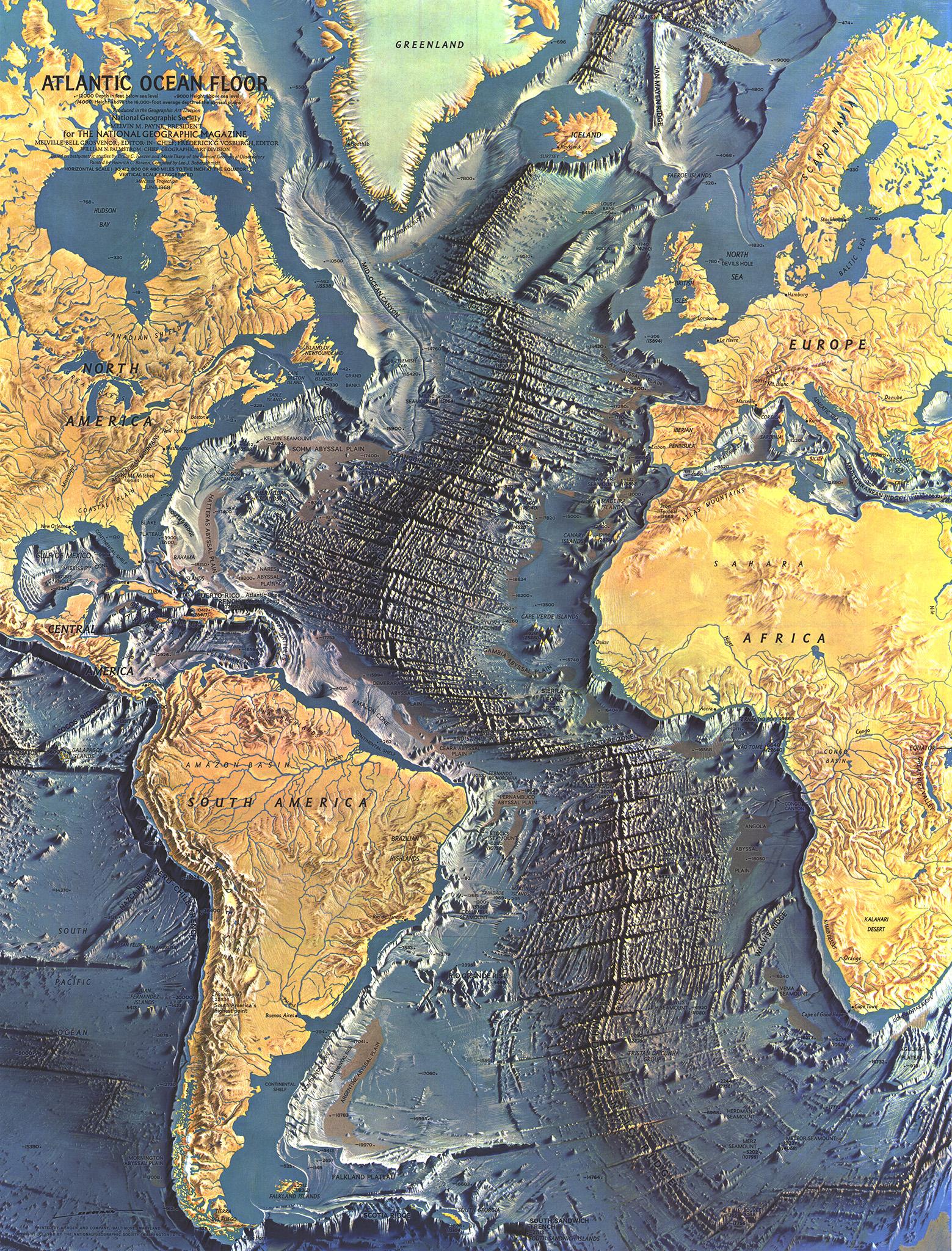 Atlantic Ocean Physical Map Natgeomaps On Twitter: "Based On The Pioneering Work Of Marie Tharp, This  Dramatic Physical Map Of The Atlantic Ocean Floor Appeared As Folded  Supplement In The June 1968 Issue Of National Geographic,