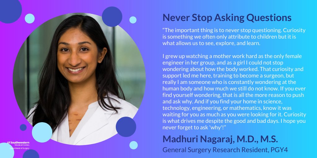 UTSW Surgery (@utsw_surgery) on Twitter photo "Curiosity is what drives me despite the good and bad days. I hope you never forget to ask 'why'!" - Dr. Madhuri Nagaraj, <a href="/UTSWSurgeryLife/">UTSW Surgery Residents</a> Research Resident
What drives you as a #scientist? Comment to share your story!
#WomenInScience #STEM #utswsurgery #utswresearch <a href="/UTSWedu/">UT Southwestern Education</a> "Curiosity is what drives me despite the good and bad days. I hope you never forget to ask 'why'!" - Dr. Madhuri Nagaraj, <a href="/UTSWSurgeryLife/">UTSW Surgery Residents</a> Research Resident
What drives you as a #scientist? Comment to share your story!
#WomenInScience #STEM #utswsurgery #utswresearch <a href="/UTSWedu/">UT Southwestern Education</a>