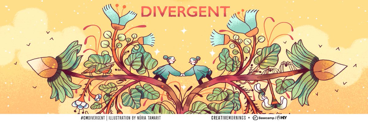 February’s theme is #CMdivergent. It was chosen by <a href="/VLC_CM/">CreativeMornings Valencia</a> and illustrated by <a href="/tamaritn/">Núria Tamarit</a>! Presented by our Global Partner <a href="/heyhey/">HEY</a>.

👉 Our next event: February 26

#creativemornings #cm_bsl #freelecture #zoommeeting