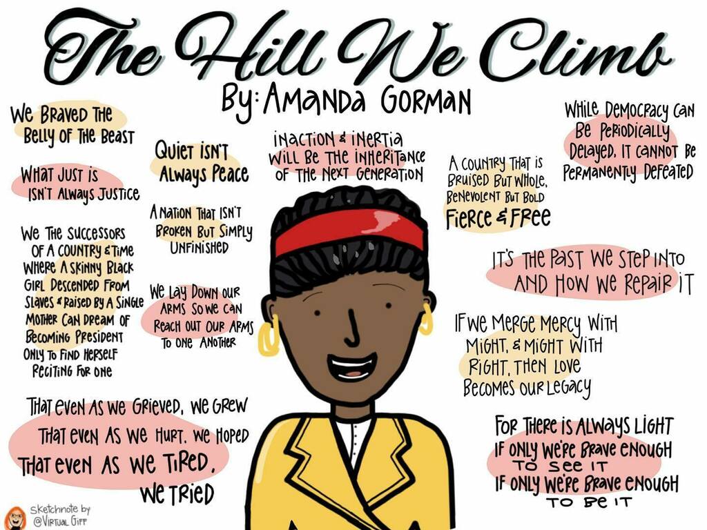 ⛰️ "The Hill We Climb," an #InauguralPoem written by
<a href="/TheAmandaGorman/">Amanda Gorman</a> ✍️ Graphic designed by #TeacherLibrarian <a href="/VirtualGiff/">Jen Giffen (She/Her)</a> 🎨 #TeachBlackHistory #BlackHistoryMonth