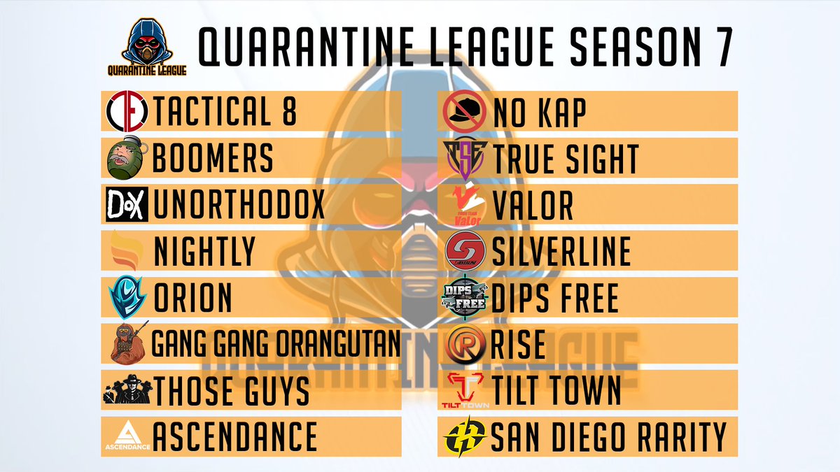 Quarantine League Season 7 Day 1 is today at 8PM EST! Here are the teams competing. Good luck tonight everyone! 🍀 #PUBG #PUBGEsports

🗓️ 2/11, 2/15, 2/18, 2/22 all at 8PM EST
🎙️ <a href="/SpanCargo/">Audrey | SpanCargo</a> 
📺 twitch.tv/spancargo