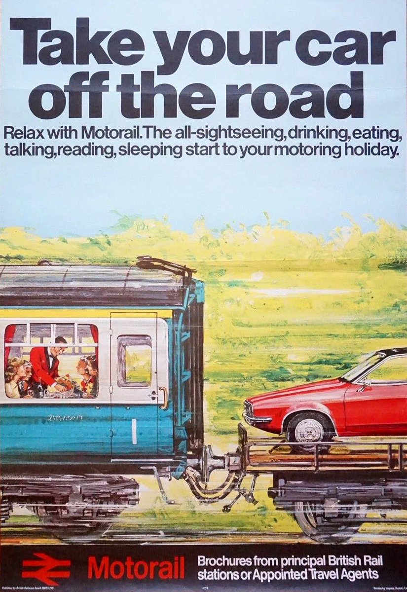 Your regular reminder that Britain, from 1966-1995, had a full Motorail network. Slower cars, worse roads and less-crowded railways then are among the reasons why it was a viable proposition (but hard to make work now) on UK rail, but that doesn't stop me wishing that it could.