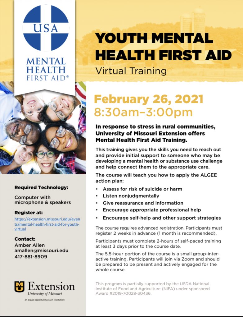 MissouriNetwork's tweet photo. Proud to announce Central Missouri Behavioral Health Network and MU Extension will be offering a Virtual Youth Mental Health First Aid training!!

You don’t want to miss out on this FREE opportunity! #signuptoday!!! https://t.co/GeupZgnC02