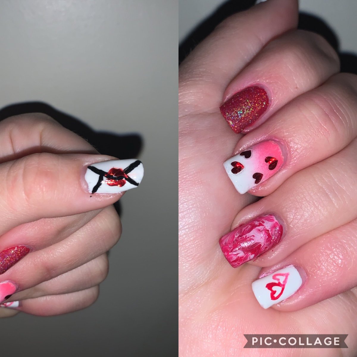 CharlotteLyda's tweet photo. My #holotacovalentines2021 nail art (with the help of my @holotaco linear holo taco. Enjoy both sides of valentines; one happy, one single and bitter lol @nailogical https://t.co/GLzJuIb287