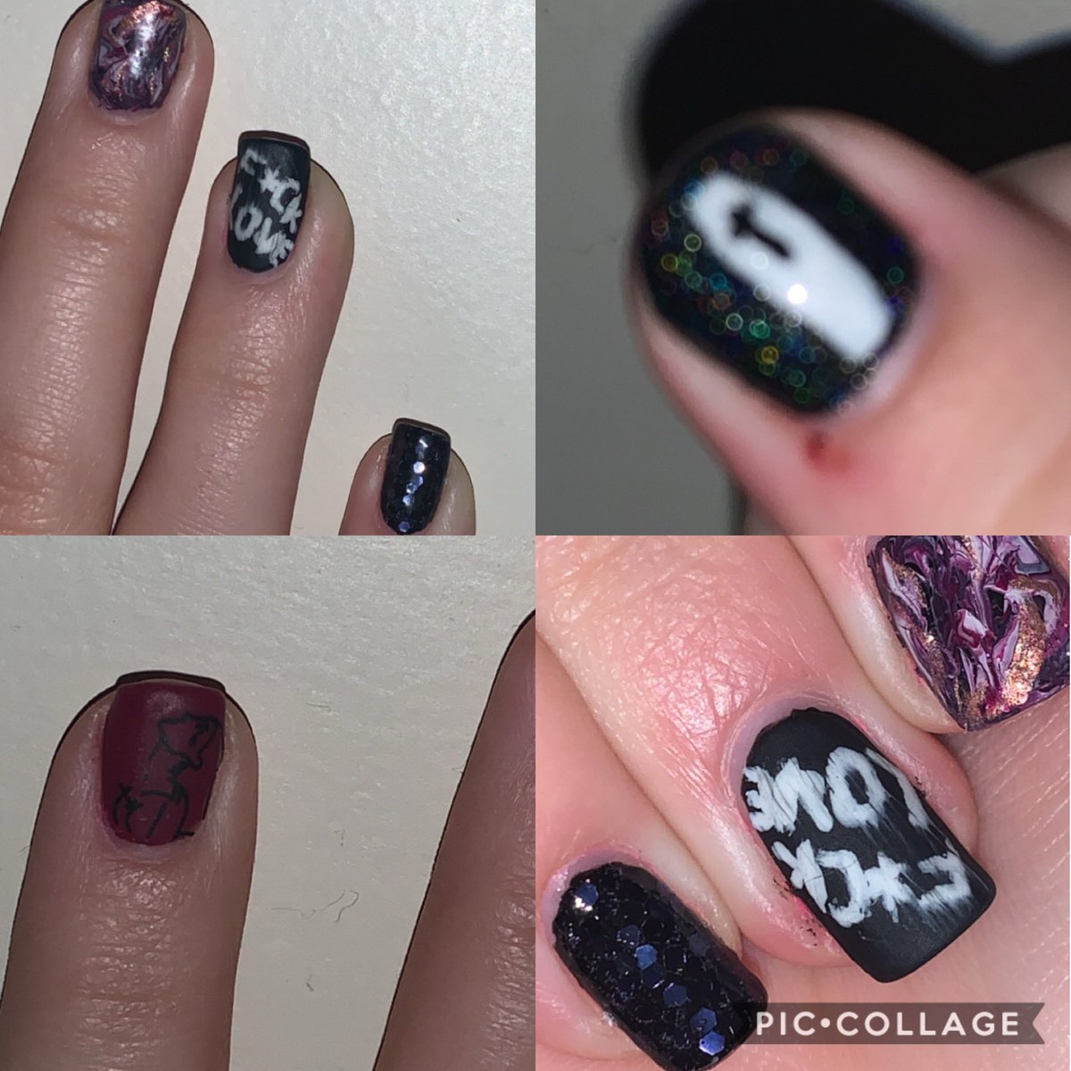 CharlotteLyda's tweet photo. My #holotacovalentines2021 nail art (with the help of my @holotaco linear holo taco. Enjoy both sides of valentines; one happy, one single and bitter lol @nailogical https://t.co/GLzJuIb287