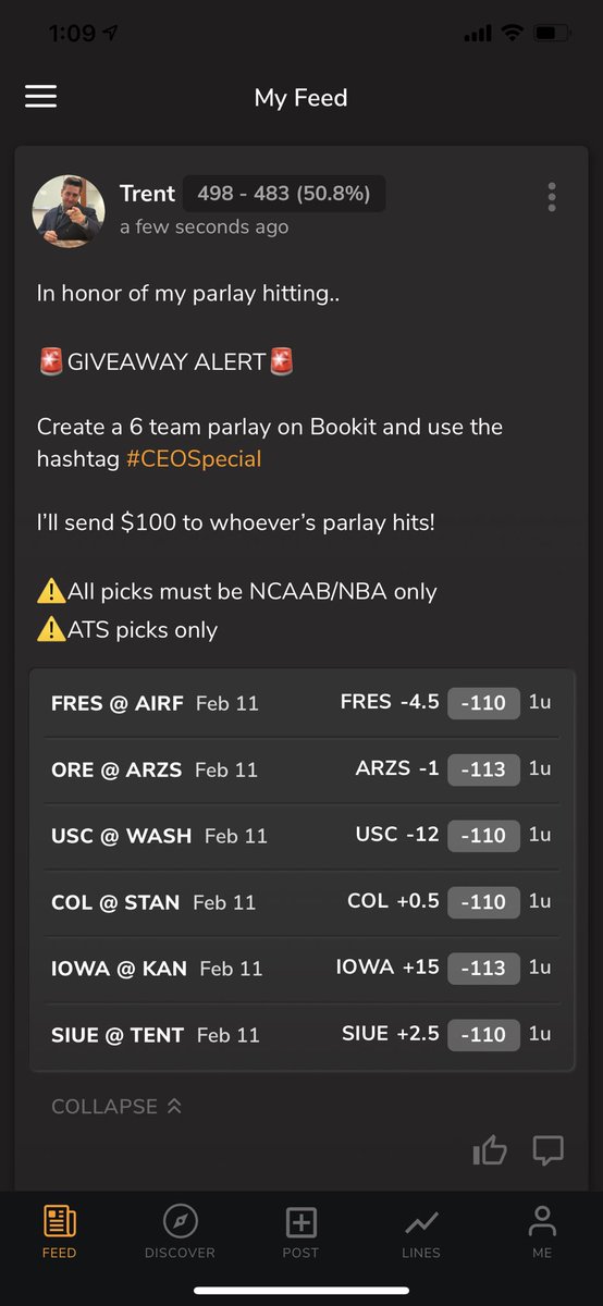 BookitWithTrent's tweet photo. I’m challenging the entire @BookitHQ community to a 6 game parlay challenge.

In honor of my parlay hitting last night, i’m giving away $100 to anyone who can hit a 6 team basketball parlay.

Use the hashtag #CEOSpecial on the Bookit app to enter. https://t.co/Qs5LxwSNaS