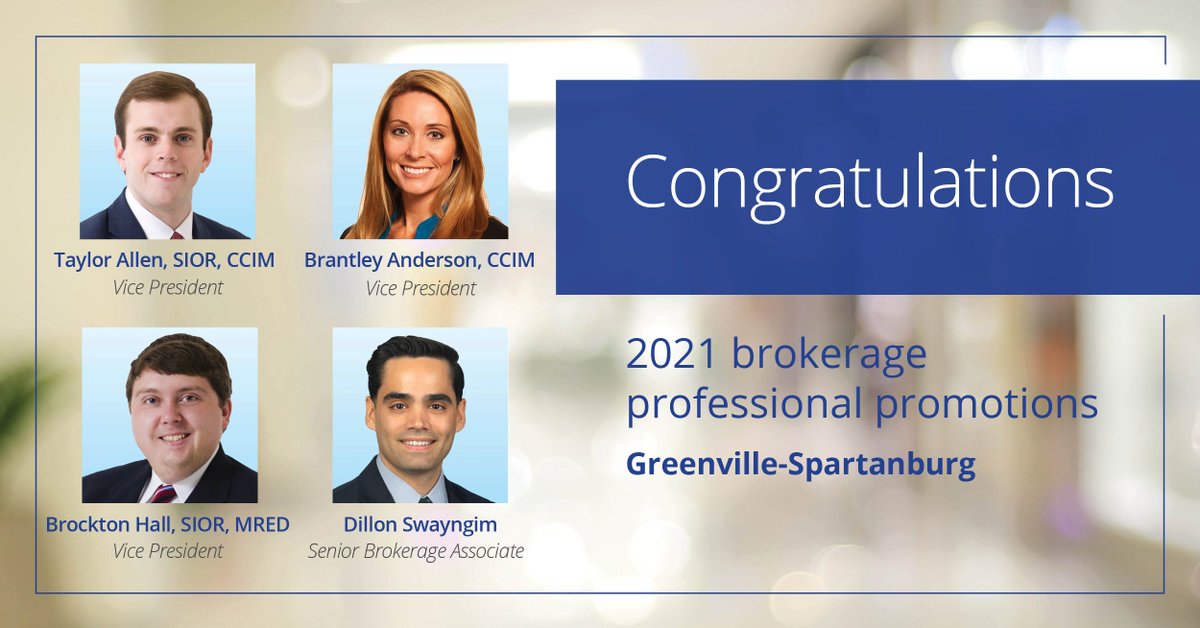 Congratulations Taylor Allen, Brantley Anderson, Brockton Hall and Dillon Swayngim on their promotions! These promotions are a well-deserved recognition of the manner in which they represent their clients, their community &amp; our Colliers brand. Read more: hubs.ly/H0GsLfL0