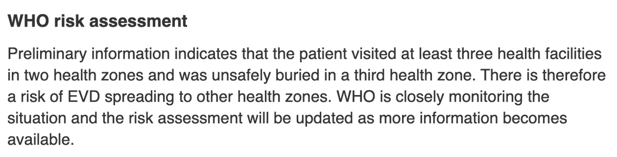 3. The first woman sought medical care on Jan. 25 & over the next week was cared for at 3 different medical facilities in 2 health zones. She was only tested for  #Ebola on Feb. 3, which means health workers probably didn't take Ebola precautions. Her burial was not a safe burial.