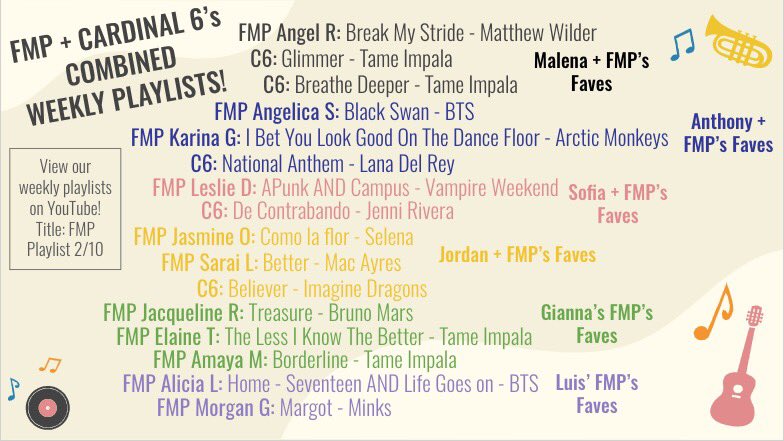 FMPWest's tweet photo. Good afternoon beautiful people! Reminder that this week’s Cardinal 6 + FMP playlist is out! 
Any freshman or FMP have a song recommendation? - let your Cardinal or FMP leader know! #MortonCARE @FMPWest2021 
Use the link to vote for your favorites! 🤎

https://t.co/ptuSehDGJB https://t.co/NYKbE1X8Rh