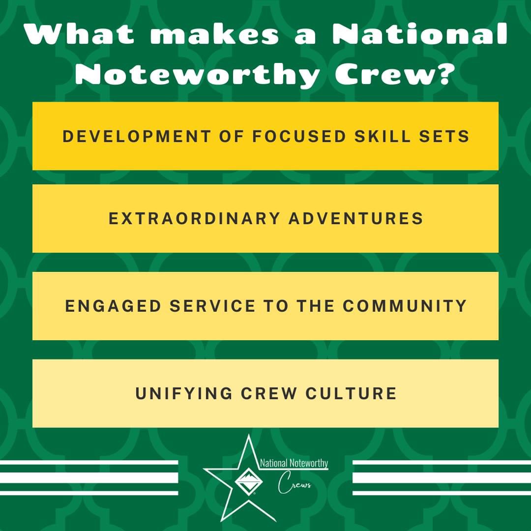 No two Venturing Crews are run the same way—that's part of the beauty of our program! We'd love to hear how your unit has exemplified the various aspects of Venturing. Share what makes YOUR crew special by applying to become a National Noteworthy Crew before March 31st, 2021!