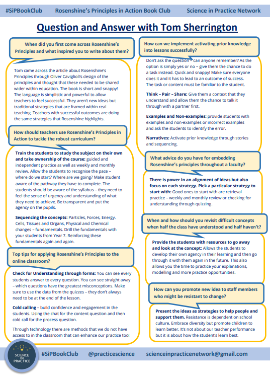 PracticeScience's tweet photo. Here is our summary of our #SiPbookclub Question and Answer with @teacherhead - what a great conversation!
What were your ๐๐ฅก๐ฅก? Please share.
Looking forward to our final session next week on Chapter 4: Stages of Practice.
Click here for the pdf copy: https://t.co/5gNVeAhXKR https://t.co/fIvZs9FTpG