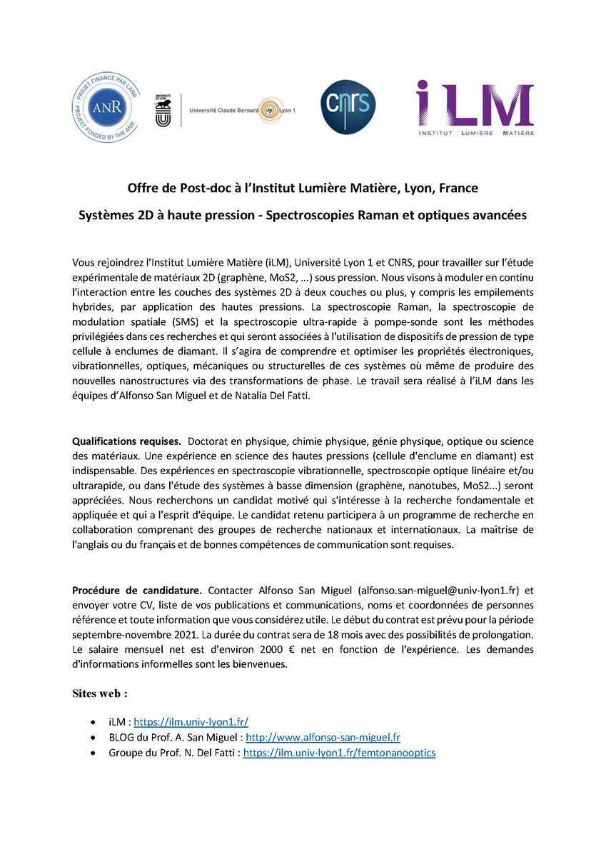 ED397_Sorbonne's tweet photo. Offre de Post-doc 18 mois à l’Institut Lumière Matière, Lyon, France Systèmes 2D à haute pression - Spectroscopies Raman et optiques avancées @iLM_RECHERCHE https://t.co/qXBIrUOZ14