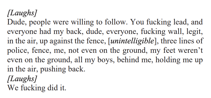 I have a feeling we're going to hear this quote, in which Felicia Konold describes how if you just lead a mob, mobs of insurrectionists will follow, over and over and over again in months ahead. The Proud Boys are never gonna hang out with girls again.