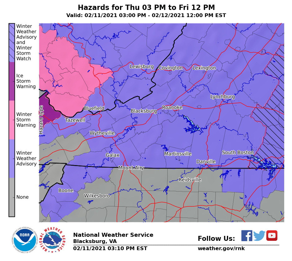 NWSBlacksburg's tweet photo. A Winter Weather Advisory is in effect for southwest Virginia, southeast West Virginia, and the mountains in northwest North Carolina through noon Friday.  As temperatures slowly drop this evening and overnight rain will change to #freezingrain, #sleet and #snow.  #RNKwx https://t.co/LQq67OiDo0
