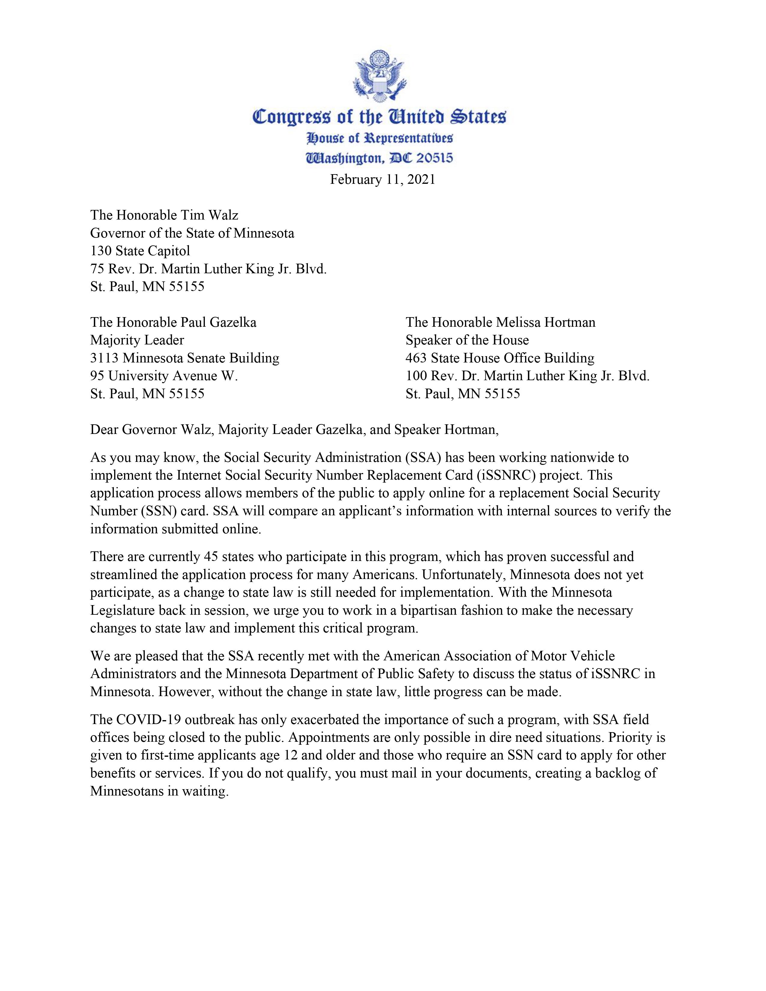 Tom Emmer A Socialsecurity Card Can Be A Vital Tool To Access Benefits And Services However Minnesota Residents Still Have To Make An In Person Appointment To Replace The Card Which Has