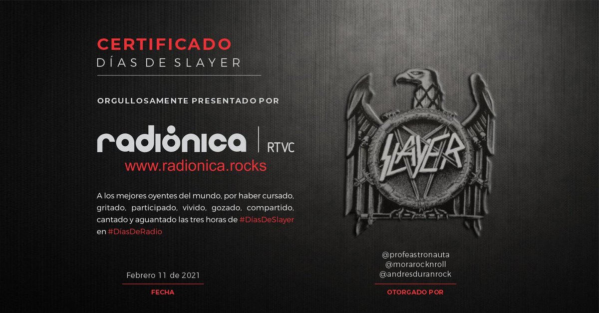 De sus profes <a href="/profeastronauta/">alvaro gonzalez v</a> <a href="/andresduranrock/">Andrés Durán</a> <a href="/morarocknroll/">Héctor Mora</a> y la escuela <a href="/radionica/">Mila Mila</a> para los seguidores de <a href="/Slayer/">Slayer</a> ✍️🇨🇴 firmese y cumplase (como dijo el Profe Alvaro #Slayer estilo de vida y filosofia en la sociedad) c.c : @MoyanoMDavid <a href="/angelcaro27/">Angel Caro</a> <a href="/edubeja8317/">Eduardo Bejarano</a> <a href="/OscarSlayer/">OscarSlayer77</a>