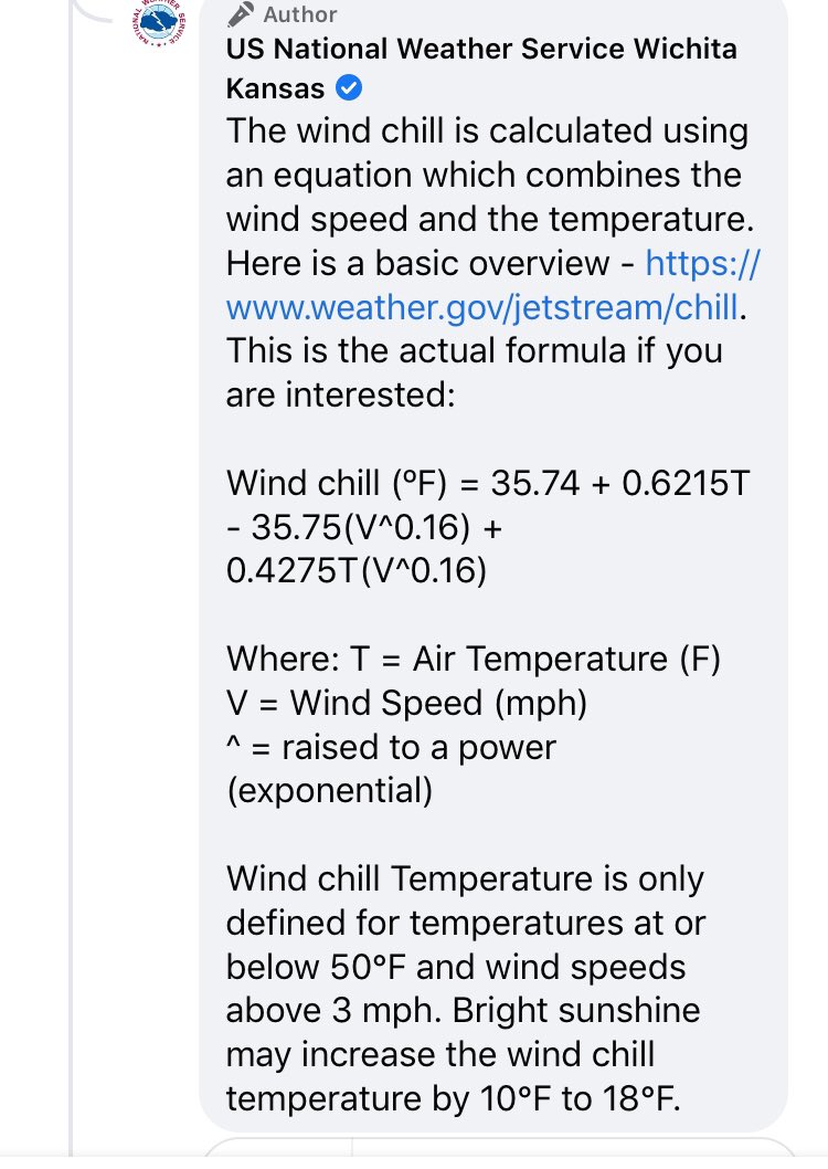 MrAaronPink's tweet image. I appreciate the impromptu Facebook Math lesson, NWS Wichita! A user asked how they calculated wind chill and they did not disappoint- direct answer, defined variables, specified units, and restrictions to the domain. Stay warm all. #WeatherMath #winterweather