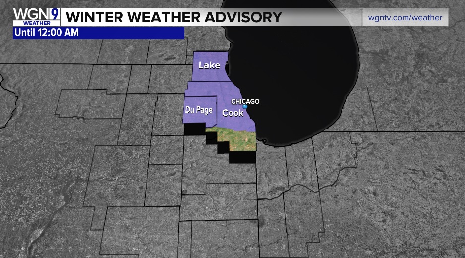 A Winter Weather Advisory is in effect until 12AM for the purple highlighted counties. Lake effect #snow, heavy at times, could produce localized 2-4" snowfall accumulations. Plan on slick roads &amp; reduced visibility. <a href="/WGNNews/">WGN TV News</a> <a href="/WGNTV/">WGNTV</a>  #Chicago #ilwx