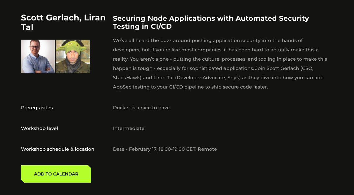 Looking forward to join @sgerlach on this joint @NodeJS Security workshop at @NodeCongress 

🔴   Securing Node Applications with Automated Security Testing in CI/CD

#owasp #appsec #nodejs