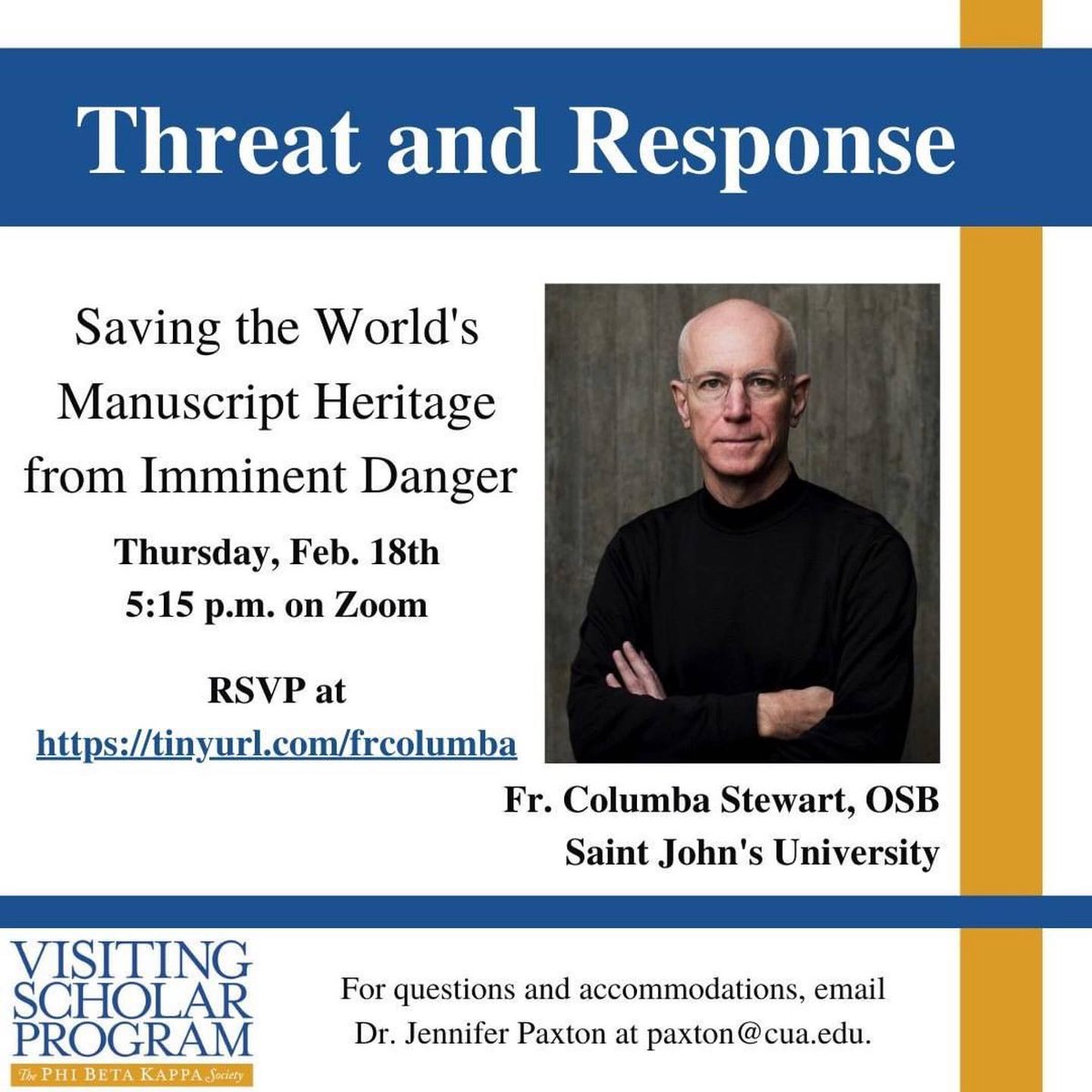 Phi Beta Kappa (@phibetakappa) on Twitter photo Join us for #PBKVisitingScholar Columba Stewart (<a href="/ColumbaStewart/">Columba Stewart</a>)'s free, virtual lecture "Saving the World's Manuscript Heritage from Imminent Danger" at <a href="/CatholicUniv/">The Catholic University of America</a> on Thursday, February 18 at 5:15pm ET: pbk.org/Events/Visitin… <a href="/CatholicHonors/">Catholic University Honors Program</a> <a href="/CatholicUHist/">Catholic U History Dept.</a> <a href="/visitHMML/">HMML</a> Join us for #PBKVisitingScholar Columba Stewart (<a href="/ColumbaStewart/">Columba Stewart</a>)'s free, virtual lecture "Saving the World's Manuscript Heritage from Imminent Danger" at <a href="/CatholicUniv/">The Catholic University of America</a> on Thursday, February 18 at 5:15pm ET: pbk.org/Events/Visitin… <a href="/CatholicHonors/">Catholic University Honors Program</a> <a href="/CatholicUHist/">Catholic U History Dept.</a> <a href="/visitHMML/">HMML</a>