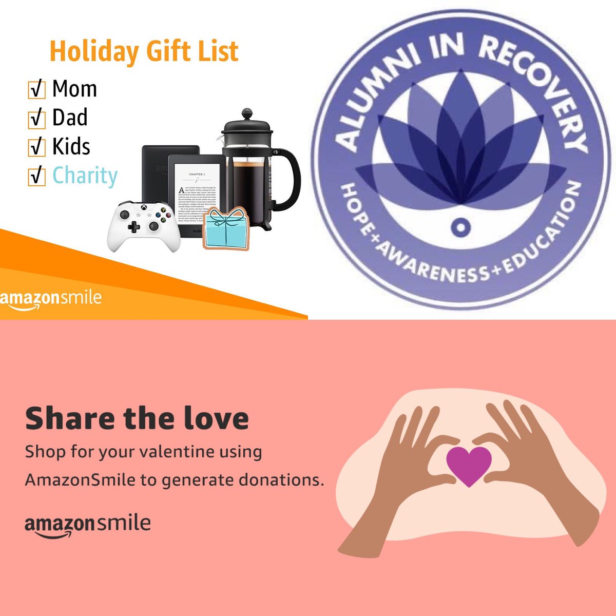 AlumniNj's tweet photo. Valentine's Day is just around the corner on Sunday, February 14th. 
You can donate to AinR while shopping for your valentine at no extra cost? 
Simply start your shopping at https://t.co/1vGDqzQimI to confirm "Alumni in Recovery" as your charity of choice! #AmazonSpinandWin https://t.co/Ou4SRRPunD