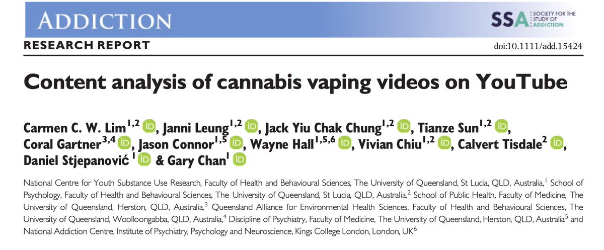 THREAD [1/5] #YouTube is a popular platform to access  #cannabis vaping videosMy new paper in  @AddictionJrnl investigates the themes and the metrics of these videosSo what did we find?   https://bit.ly/3ryeuIs&nbsp; @UQ_News  @UQHealth  @UQPsych  @ncysur_epi
