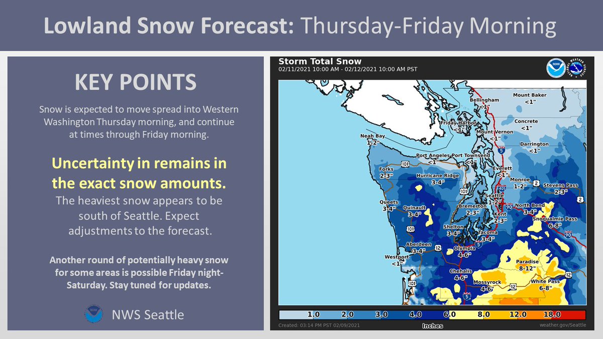 First call snow map for Thursday-Friday Morning:Confidence is increasing in lowland snow for Thursday-Friday morning. Expect some adjustment to these snow amounts as we approach the event. Another round of snow potentially Friday night into the weekend.  #WAwx