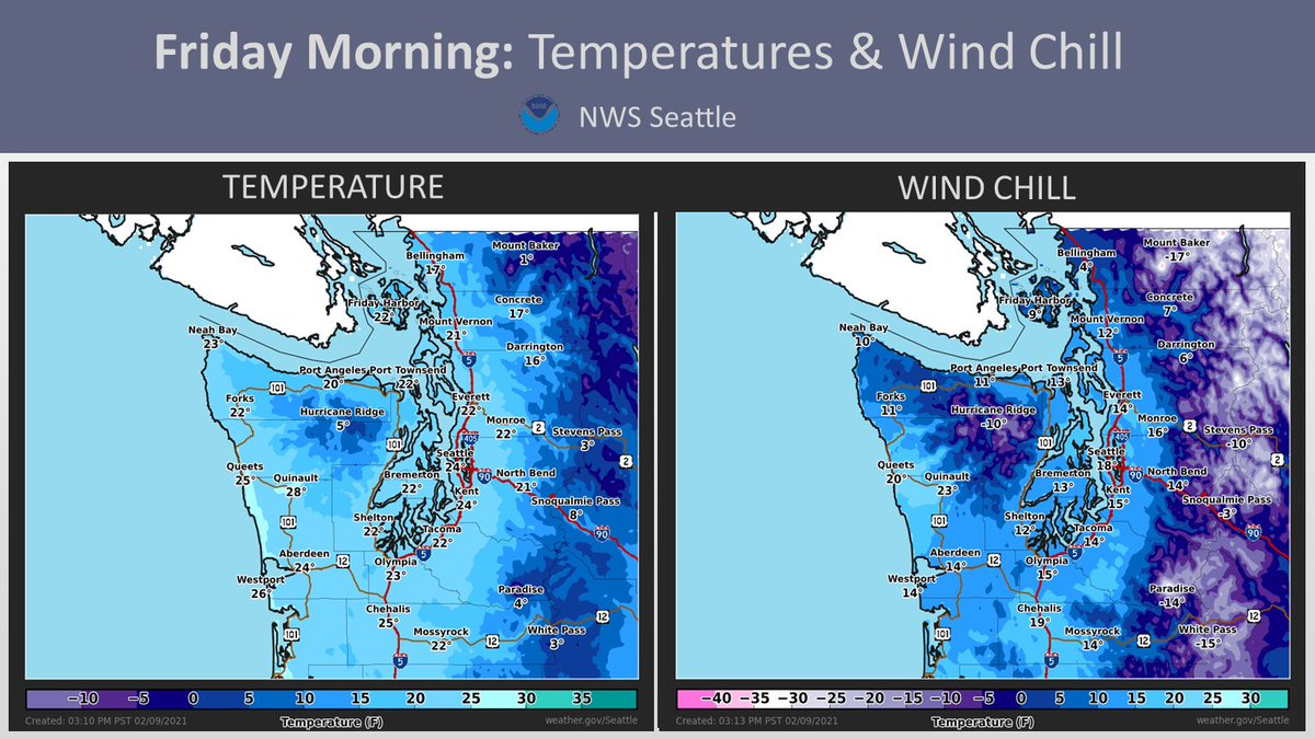 Along with the lowland snow, cold temperatures are expected through this week. Wind chills Thursday and Friday likely in the teens to 20s for most locations. Single digit wind chills for areas of Whatcom County and the San Juan Islands. Bundle up!  #WAwx