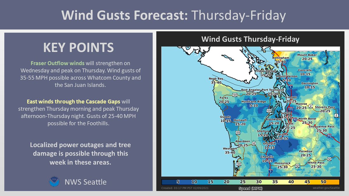 Fraser Outflow winds will strengthen on Wednesday and peak Thursday. East winds will peak Thursday afternoon into Thursday night. Potentially windy into the weekend for these areas at times. Localized power outages possible.  #WAwx