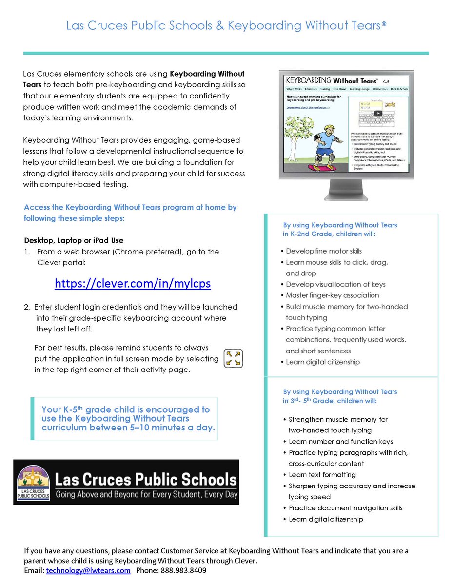 LCPS is excited to announce the launch of an exciting new initiative! 

Keyboarding Without Tears (KWT) teaches keyboarding and pre-keyboarding skills that students need to succeed in many settings. <a href="/LCPSnet/">Las Cruces Public Schools</a> #NM #LasCruces #Keyboarding #KWT 

Learn more: lcps.net/2021/02/09/key…