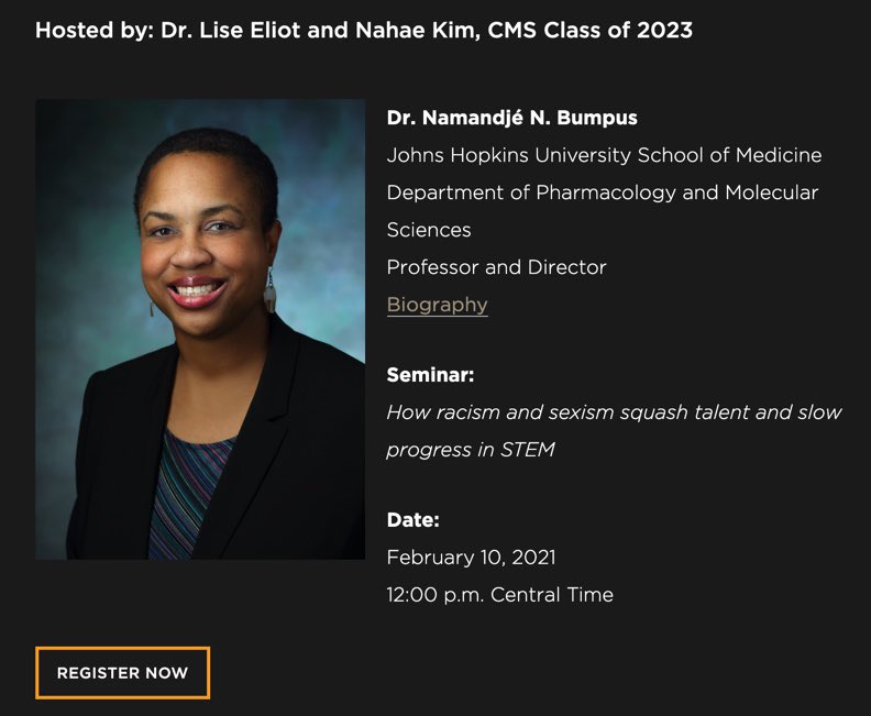 Humbled &amp; excited to be a student moderator for Dr. Namandjé N. Bumpus’ talk tomorrow! Very much looking forward to hearing from @BumpusLab. 

Link to register: rosalindfranklin.edu/symposiums/her…