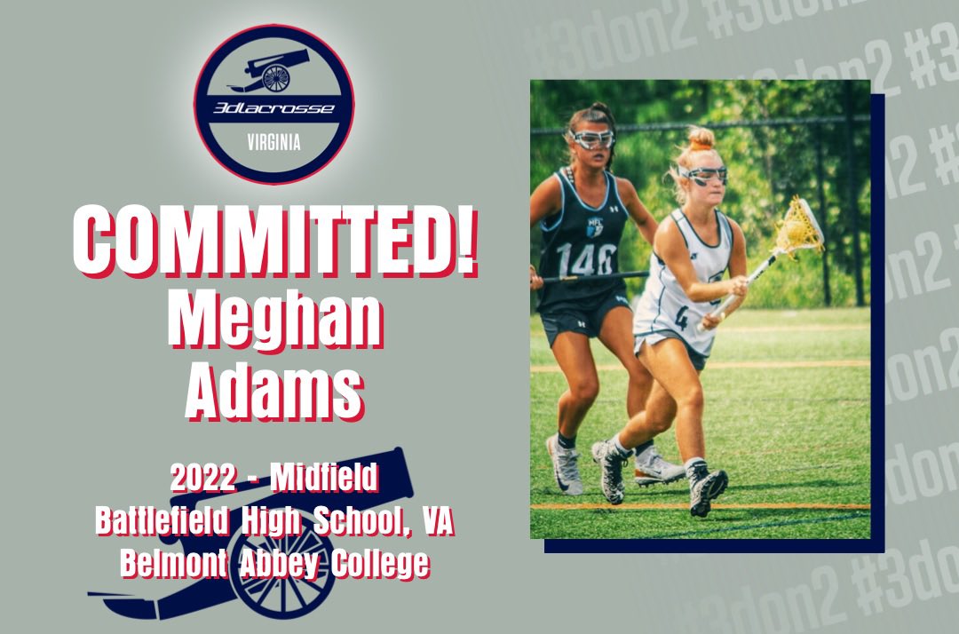 Congratulations to Meghan Adams, 3d Virginia 2022, on her COMMITMENT to Belmont Abbey!  A fast and scrappy midfielder, Meghan is an explosive threat on both ends of the field, and an incredible teammate!  #3dfamily #3don2 #OurCrusader #Benedict