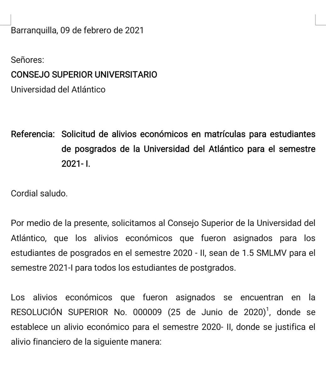 Garyernesto's tweet photo. Más de 90 estudiantes de programas de postgrados radicamos el día de hoy una peticion ante el CSU de @udeatlantico en la que solicitamos alivio económico de 1.5 SMLMV para todos los estudiantes de postgrados por la emergencia sanitaria. @elsanoguerabaq https://t.co/vl6OxX9VoO