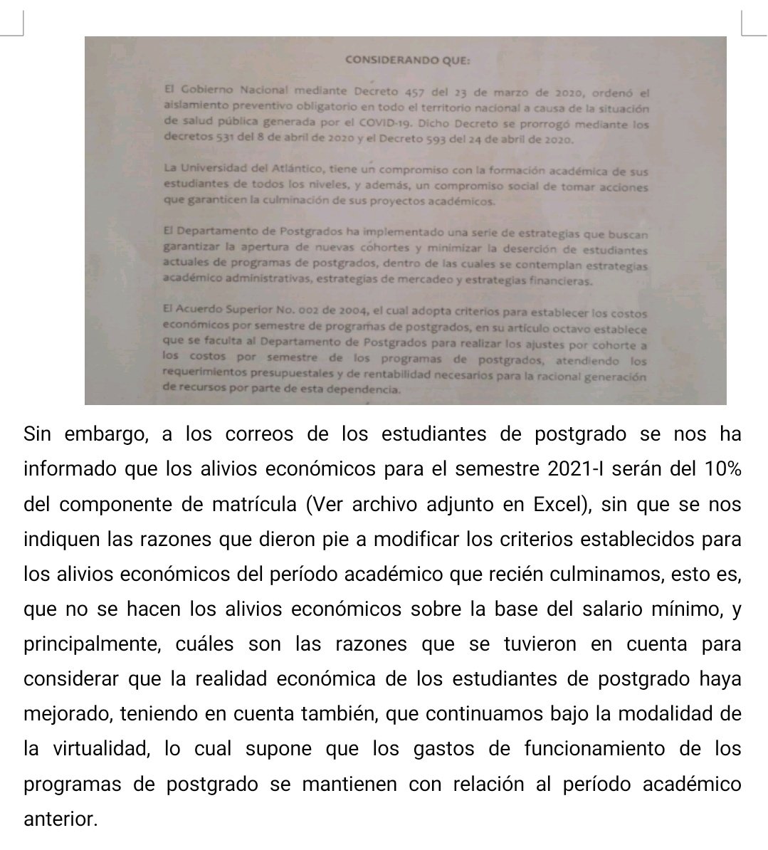 Garyernesto's tweet photo. Más de 90 estudiantes de programas de postgrados radicamos el día de hoy una peticion ante el CSU de @udeatlantico en la que solicitamos alivio económico de 1.5 SMLMV para todos los estudiantes de postgrados por la emergencia sanitaria. @elsanoguerabaq https://t.co/vl6OxX9VoO