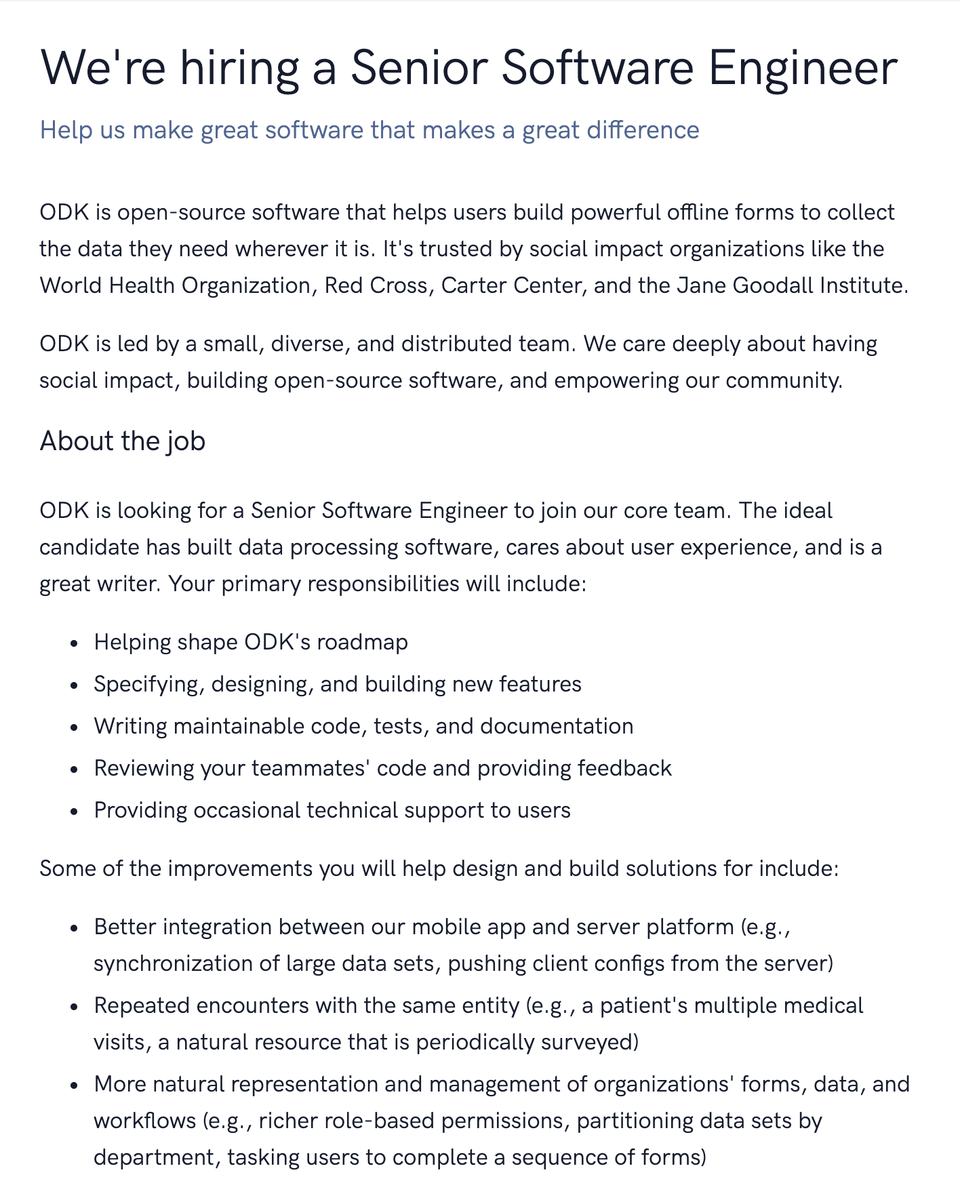 We're hiring a Senior Software Engineer to help us make great software that makes a great difference. Know one? Send them to getodk.org/about/jobs.html.