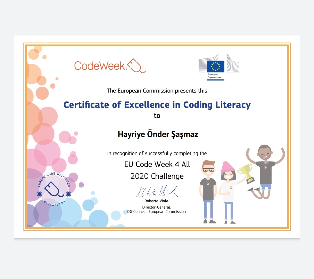 hayon_35's tweet image. #code2020 AB kod haftasında(CodeWeek) öğrencilerimizle uygulamış olduğumuz kodlama etkinliklerimiz mükemmellik sertifikası ile ödüllendirildi 🤗 @tcmeb @ziyaselcuk @tretwinning @tuncay_morkoc @izmir_ilmem @IzmirEtwinning @SuleymanCan71 @toki_ilkokulu @bucamilliegitim