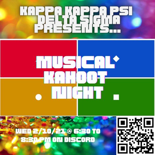 kkpsi_ds's tweet photo. Join us tomorrow night for the 2nd day of our Recruitment Week- Musical Kahoot Night! 🎶 Scan the QR Code to join the Recruitment Discord Server! 🌟 

#wearedeltasigma #kappakappapsi #deltasigma #aea https://t.co/I6r9GGj7Qo