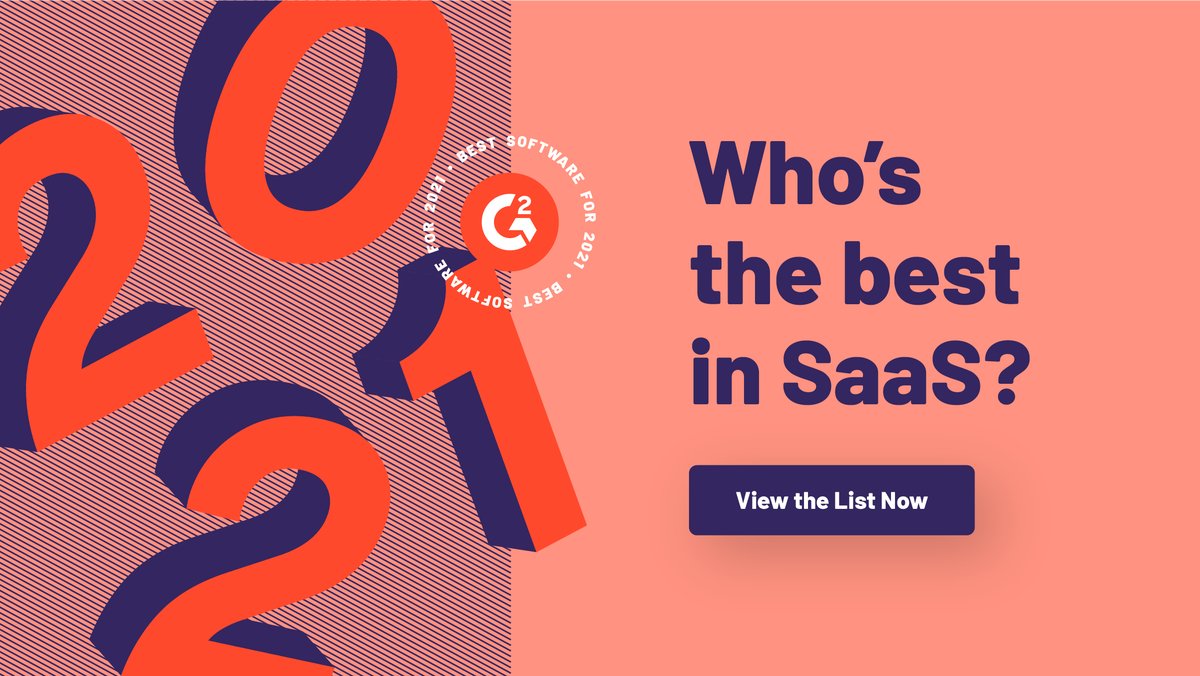 G2dotcom's tweet photo. Have you seen the Best Software Awards for 2021 lists yet?
Check out the best in SaaS, ranked based on over 1 million customer reviews, right here: https://t.co/fpdO9JLLHJ
#BestSoftware2021
#G2 Awards https://t.co/mW7TUqbC1Z