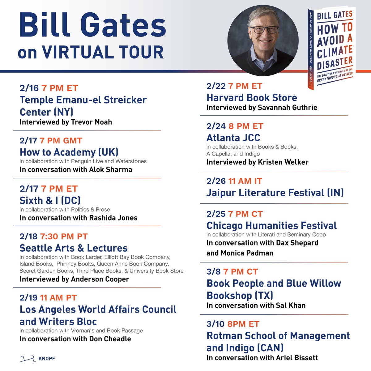 I’m thrilled to join <a href="/Trevornoah/">Trevor Noah</a>, <a href="/AlokSharma_RDG/">Rt Hon Lord Alok Sharma</a>, <a href="/iamrashidajones/">Rashida Jones</a>, <a href="/andersoncooper/">Anderson Cooper</a>, @DonCheadle, <a href="/SavannahGuthrie/">Savannah Guthrie</a>, <a href="/kwelkernbc/">Kristen Welker</a>, <a href="/daxshepard/">Dax Shepard</a> and Monica Padman, Sal Khan, and Ariel Bissett to discuss how the world can work to avoid a climate disaster: b-gat.es/tour