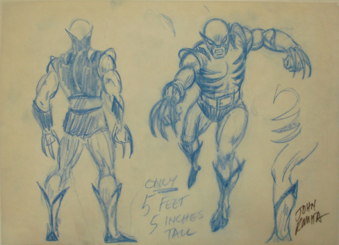 Romita then did the full-figure shots. After doing a rough version of Wolverine in action, he flipped the vellum over & did a tighter sketch on the back.